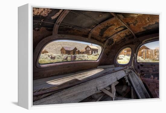 California, Bodie State Historic Park. Inside Abandoned Car Looking Out-Jaynes Gallery-Framed Premier Image Canvas