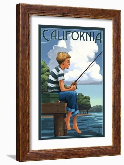 California - Boy Fishing-Lantern Press-Framed Art Print
