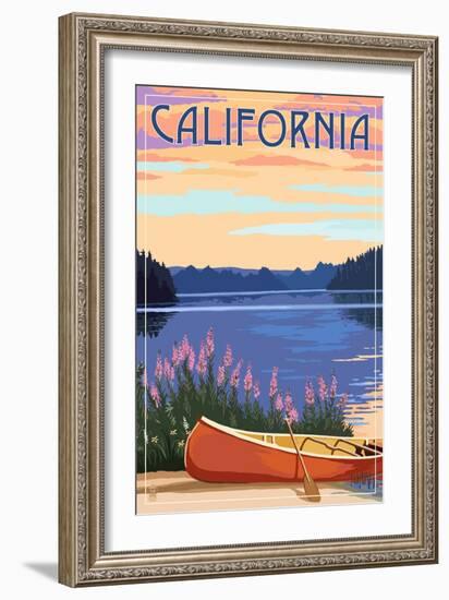 California - Canoe and Lake-Lantern Press-Framed Art Print