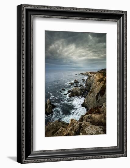 California. Clouds Approaching Cliffs and Surging Waves at Bodega Head, Sonoma Coast State Beach-Judith Zimmerman-Framed Photographic Print