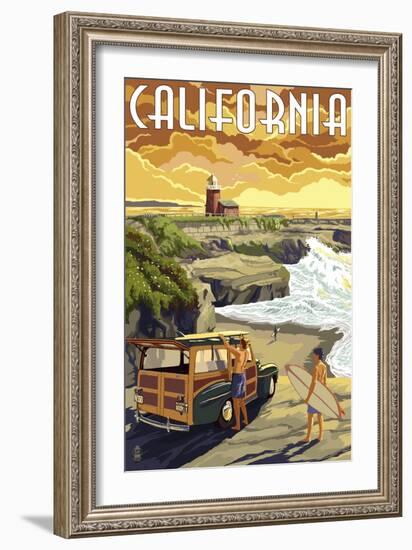 California Coast - Woody and Lighthouse-Lantern Press-Framed Art Print