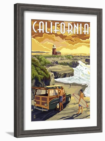 California Coast - Woody and Lighthouse-Lantern Press-Framed Art Print