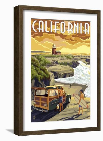 California Coast - Woody and Lighthouse-Lantern Press-Framed Art Print