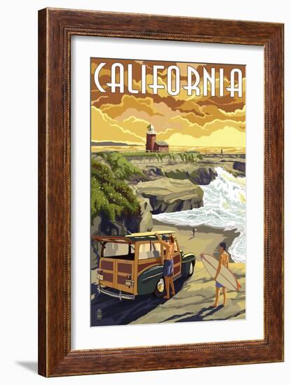 California Coast - Woody and Lighthouse-Lantern Press-Framed Art Print