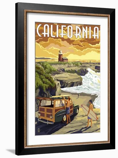 California Coast - Woody and Lighthouse-Lantern Press-Framed Art Print