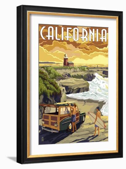 California Coast - Woody and Lighthouse-Lantern Press-Framed Art Print