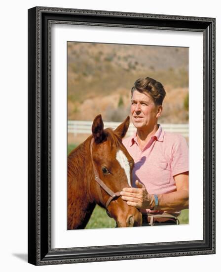 California Governor Candidate Ronald Reagan Petting Horse at Home on Ranch-Bill Ray-Framed Photographic Print