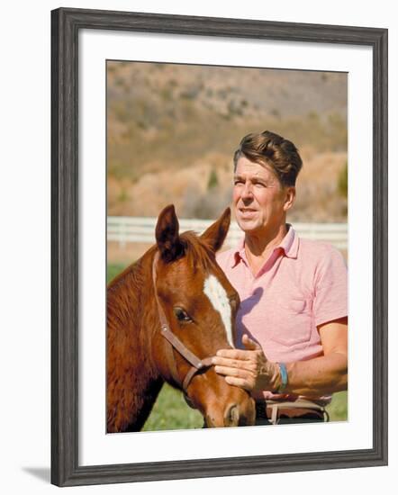 California Governor Candidate Ronald Reagan Petting Horse at Home on Ranch-Bill Ray-Framed Photographic Print