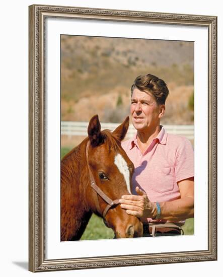 California Governor Candidate Ronald Reagan Petting Horse at Home on Ranch-Bill Ray-Framed Photographic Print