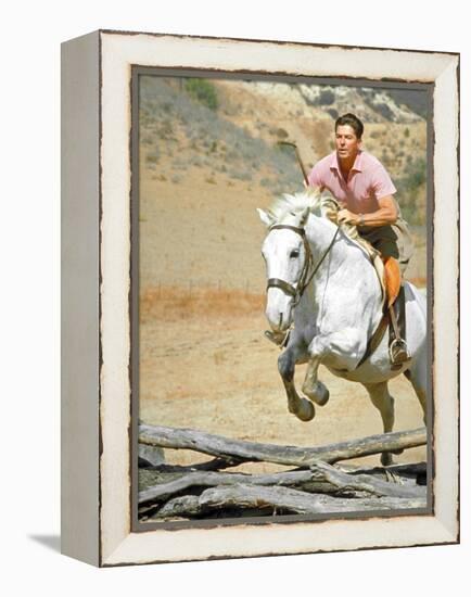 California Governor Candidate Ronald Reagan Riding Horse at Home on Ranch-Bill Ray-Framed Premier Image Canvas