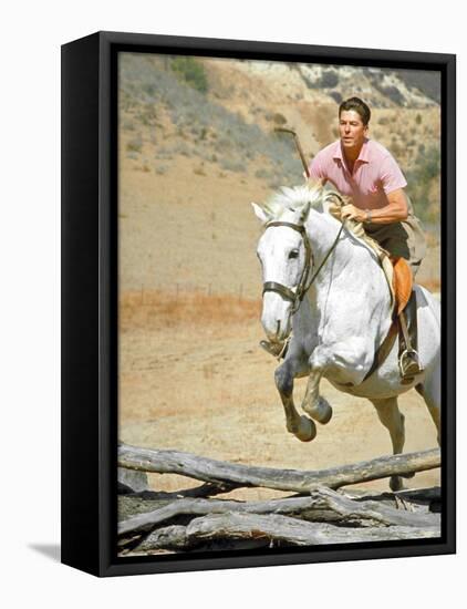 California Governor Candidate Ronald Reagan Riding Horse at Home on Ranch-Bill Ray-Framed Premier Image Canvas