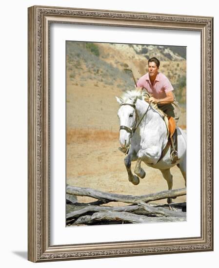 California Governor Candidate Ronald Reagan Riding Horse at Home on Ranch-Bill Ray-Framed Photographic Print