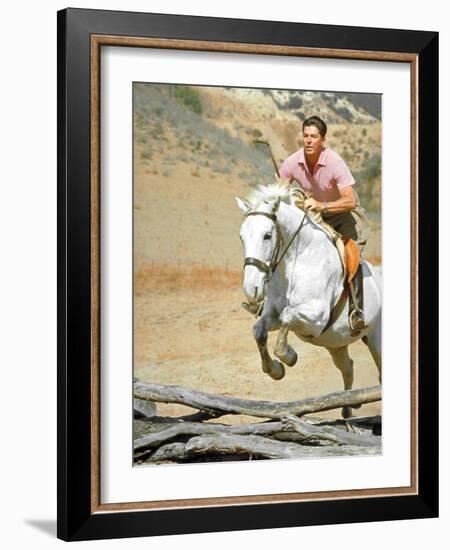 California Governor Candidate Ronald Reagan Riding Horse at Home on Ranch-Bill Ray-Framed Photographic Print