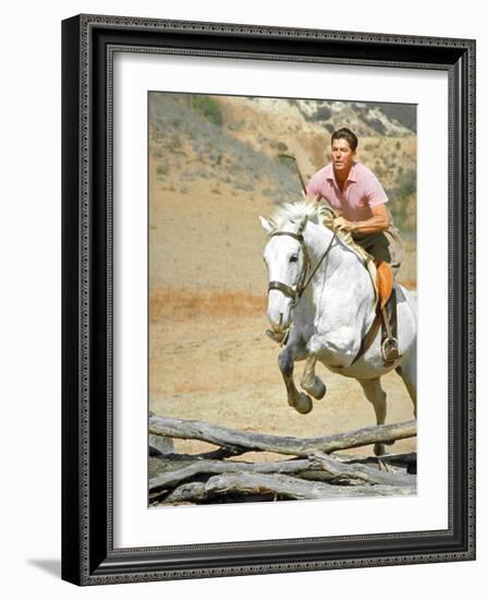 California Governor Candidate Ronald Reagan Riding Horse at Home on Ranch-Bill Ray-Framed Photographic Print