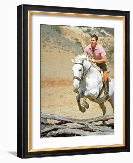 California Governor Candidate Ronald Reagan Riding Horse at Home on Ranch-Bill Ray-Framed Photographic Print