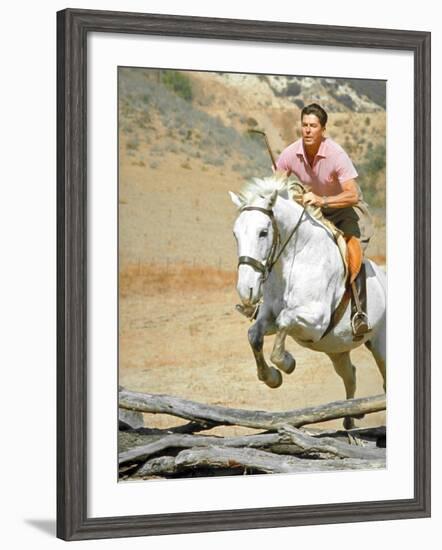 California Governor Candidate Ronald Reagan Riding Horse at Home on Ranch-Bill Ray-Framed Photographic Print