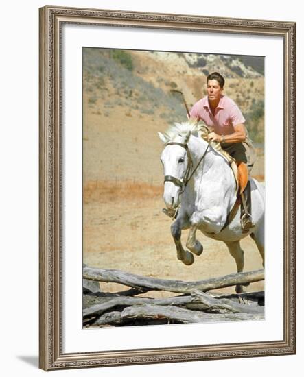 California Governor Candidate Ronald Reagan Riding Horse at Home on Ranch-Bill Ray-Framed Photographic Print