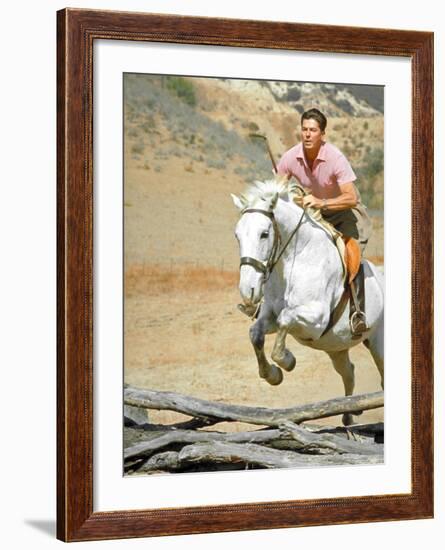 California Governor Candidate Ronald Reagan Riding Horse at Home on Ranch-Bill Ray-Framed Photographic Print