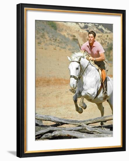 California Governor Candidate Ronald Reagan Riding Horse at Home on Ranch-Bill Ray-Framed Photographic Print