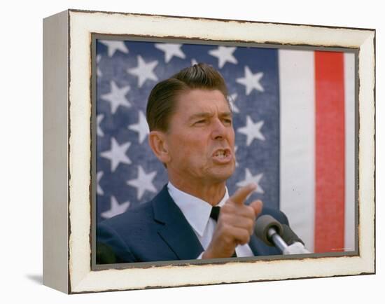 California Gubernatorial Candidate Ronald Reagan Speaking in Front of American Flag Backdrop-Bill Ray-Framed Premier Image Canvas