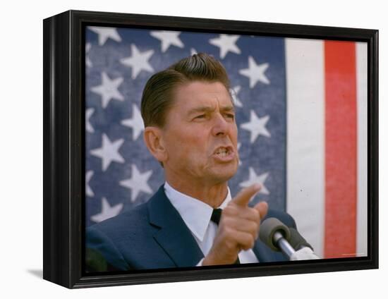 California Gubernatorial Candidate Ronald Reagan Speaking in Front of American Flag Backdrop-Bill Ray-Framed Premier Image Canvas