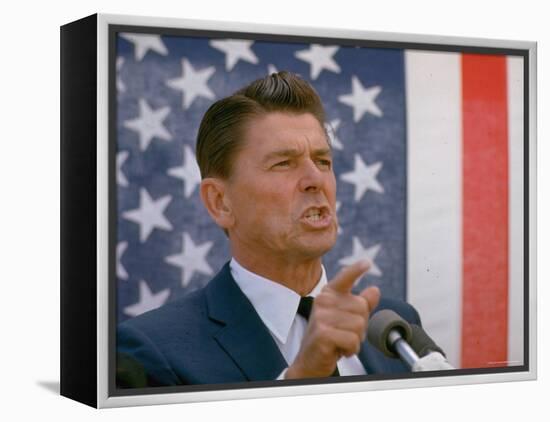 California Gubernatorial Candidate Ronald Reagan Speaking in Front of American Flag Backdrop-Bill Ray-Framed Premier Image Canvas