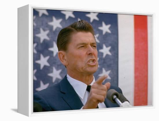 California Gubernatorial Candidate Ronald Reagan Speaking in Front of American Flag Backdrop-Bill Ray-Framed Premier Image Canvas