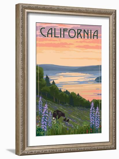 California - Lake and Bear Family-Lantern Press-Framed Art Print