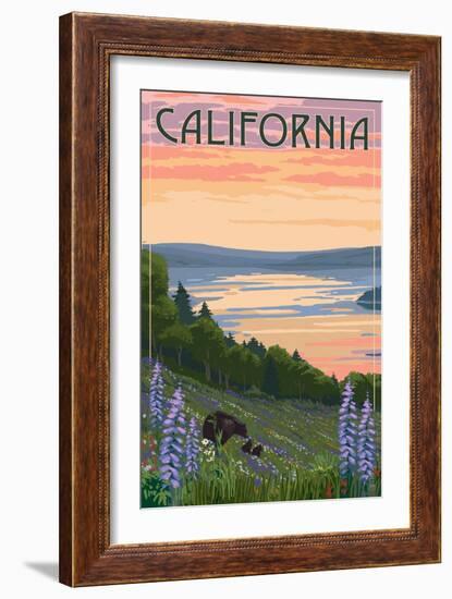 California - Lake and Bear Family-Lantern Press-Framed Art Print