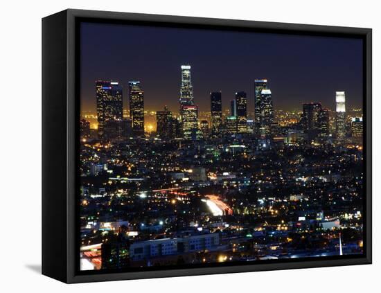 California, Los Angeles, City Lights and Downtown District Skyscrapers, USA-Christian Kober-Framed Premier Image Canvas