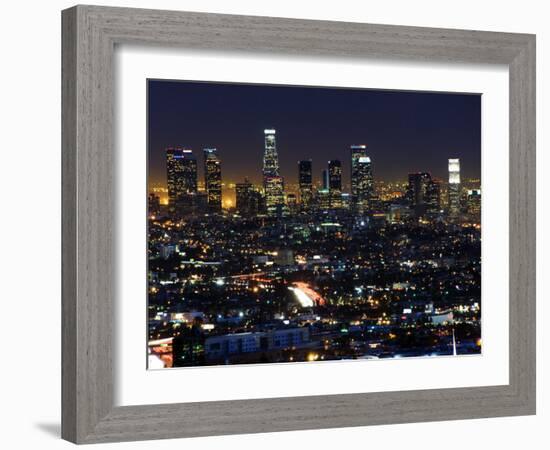 California, Los Angeles, City Lights and Downtown District Skyscrapers, USA-Christian Kober-Framed Photographic Print