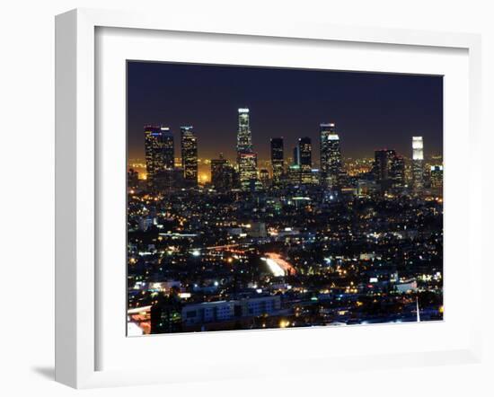 California, Los Angeles, City Lights and Downtown District Skyscrapers, USA-Christian Kober-Framed Photographic Print