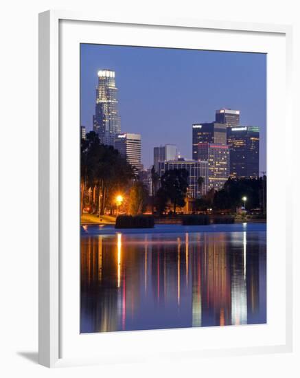 California, Los Angeles, Downtown District Skyscrapers Behind Echo Park Lake, USA-Christian Kober-Framed Photographic Print