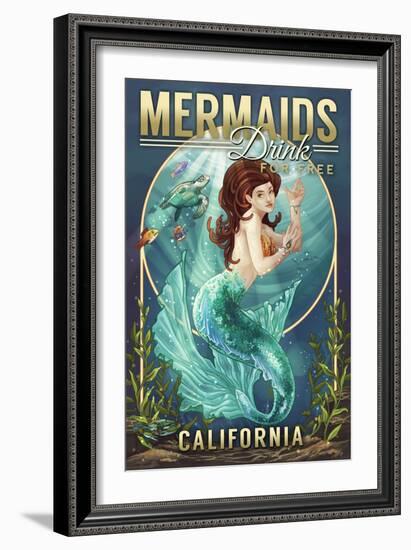 California - Mermaids Drink for Free (top)-Lantern Press-Framed Premium Giclee Print