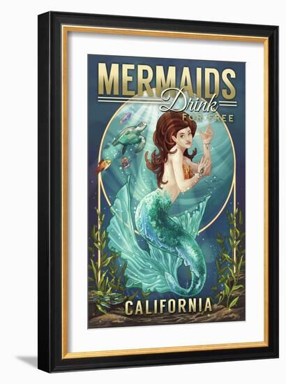 California - Mermaids Drink for Free (top)-Lantern Press-Framed Premium Giclee Print