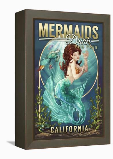 California - Mermaids Drink for Free (top)-Lantern Press-Framed Stretched Canvas