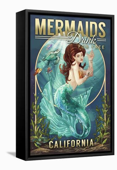 California - Mermaids Drink for Free (top)-Lantern Press-Framed Stretched Canvas