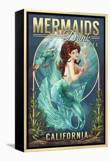 California - Mermaids Drink for Free (top)-Lantern Press-Framed Stretched Canvas