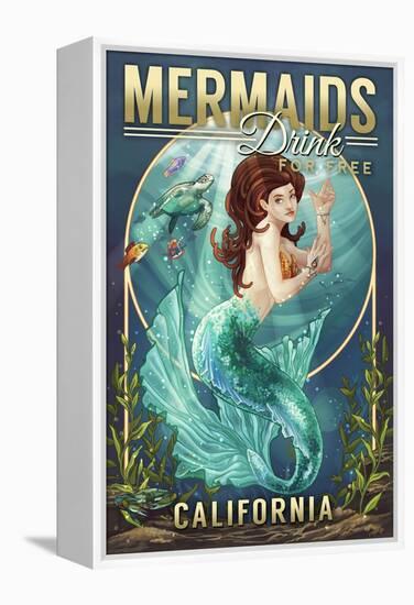 California - Mermaids Drink for Free (top)-Lantern Press-Framed Stretched Canvas