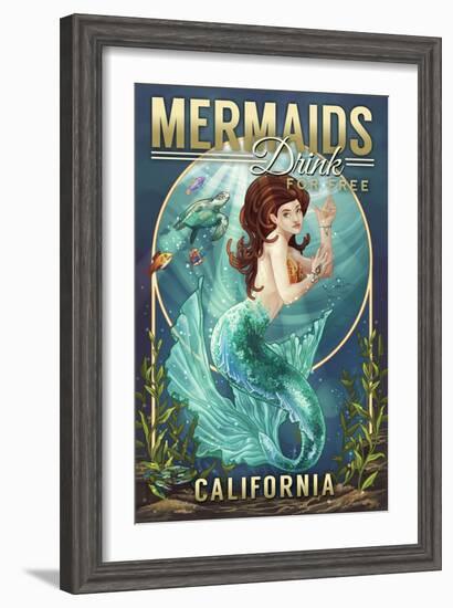 California - Mermaids Drink for Free (top)-Lantern Press-Framed Art Print
