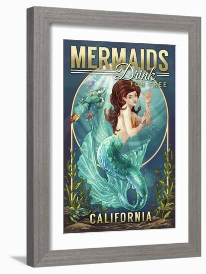 California - Mermaids Drink for Free (top)-Lantern Press-Framed Art Print