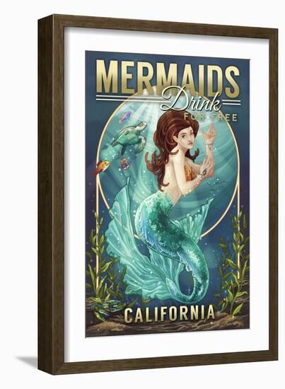 California - Mermaids Drink for Free (top)-Lantern Press-Framed Art Print
