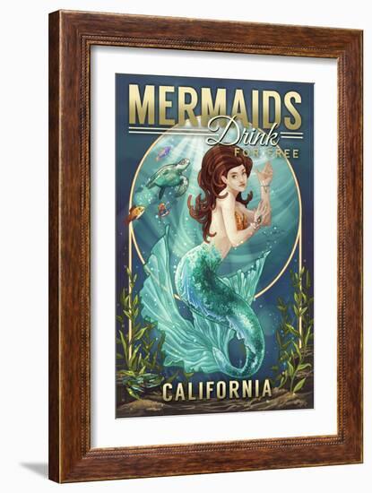 California - Mermaids Drink for Free (top)-Lantern Press-Framed Art Print