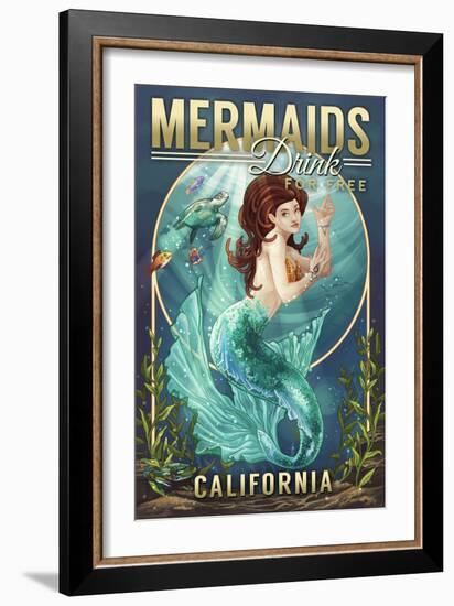 California - Mermaids Drink for Free (top)-Lantern Press-Framed Art Print