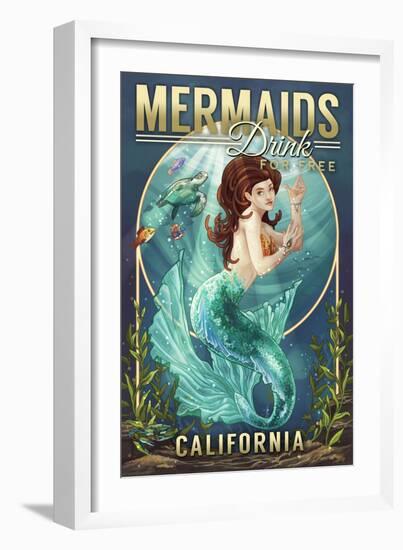 California - Mermaids Drink for Free (top)-Lantern Press-Framed Art Print