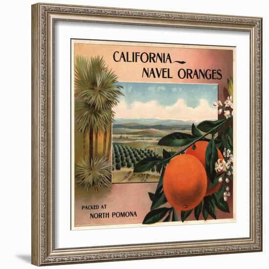California Navel Oranges Brand - Pomona, California - Citrus Crate Label-Lantern Press-Framed Art Print