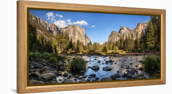 California, Panoramic View of Merced River, El Capitan, and Cathedral Rocks in Yosemite Valley-Ann Collins-Framed Premier Image Canvas