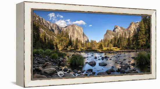 California, Panoramic View of Merced River, El Capitan, and Cathedral Rocks in Yosemite Valley-Ann Collins-Framed Premier Image Canvas