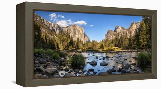 California, Panoramic View of Merced River, El Capitan, and Cathedral Rocks in Yosemite Valley-Ann Collins-Framed Premier Image Canvas