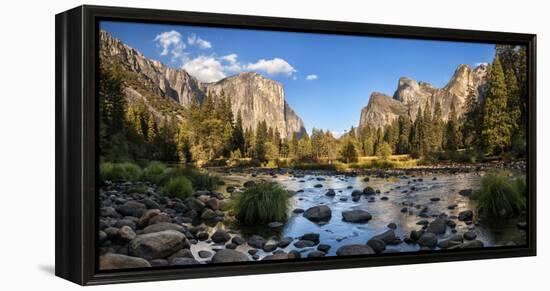 California, Panoramic View of Merced River, El Capitan, and Cathedral Rocks in Yosemite Valley-Ann Collins-Framed Premier Image Canvas